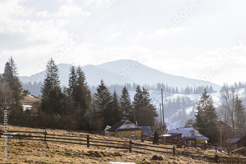 Winter landscape in the Carpathian mountains  with gutsul culture. photo