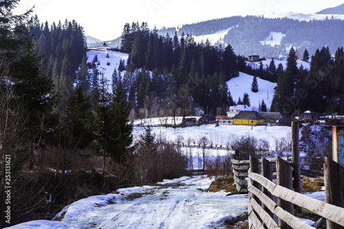 Winter landscape in the Carpathian mountains  with gutsul culture. photo