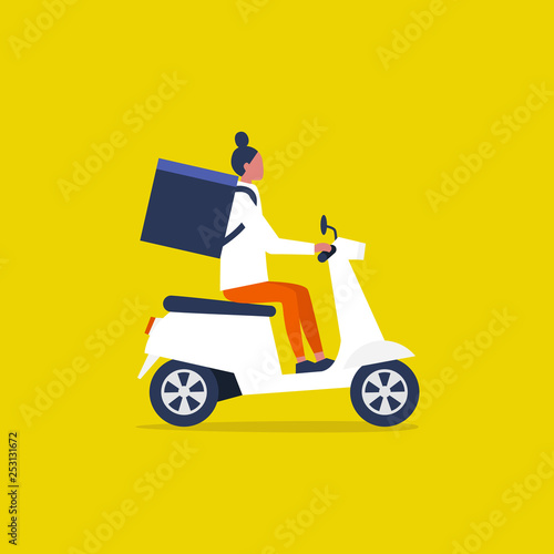 Food delivery service. Young female courier with a large backpack riding a motor bike. Flat editable vector illustration  clip art