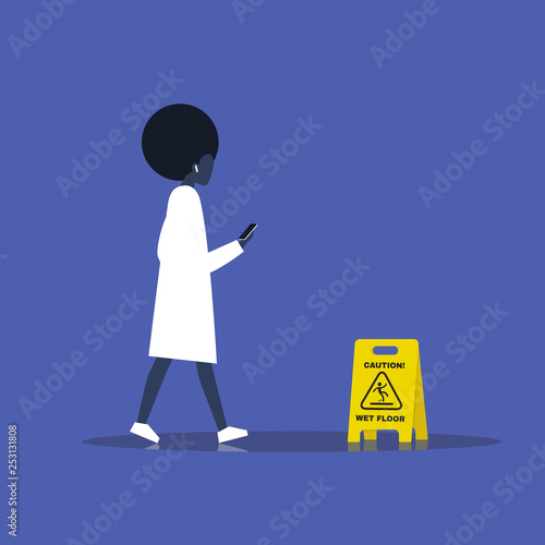 Millennial black female character addicted to a smartphone. Nomophobia. Caution, wet floor. Wet surface. Flat editable vector illustration, clip art