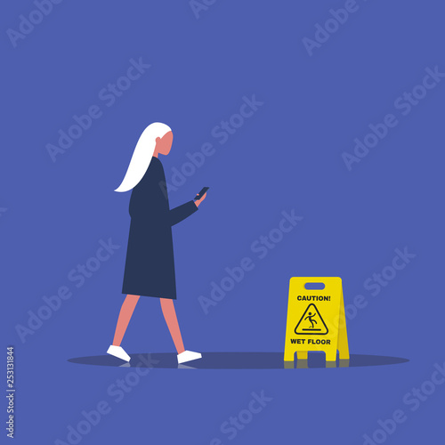 Millennial female character addicted to a smartphone. Nomophobia. Caution, wet floor. Wet surface. Flat editable vector illustration, clip art