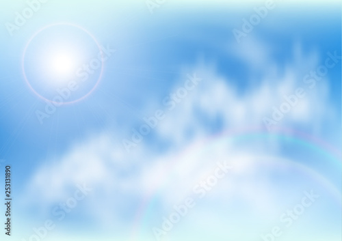 Blue sky, fluffy clouds and sun. Vector illustration for your new design.