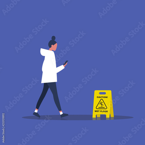 Millennial female character addicted to a smartphone. Nomophobia. Caution, wet floor. Wet surface. Flat editable vector illustration, clip art