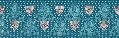 Hand drawn arabesque floral ornament damask illustration. Seamless vector pattern border trim. Traditional persian indian flower drop motif. Decorative stylized shawl fashion, teal pink home decor.