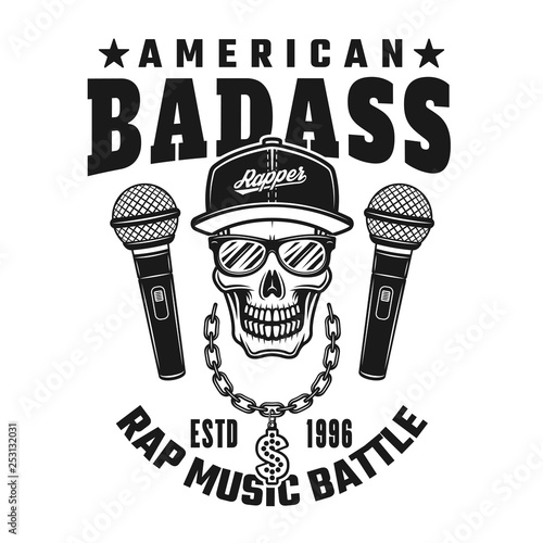 Rapper skull, text american badass vector emblem