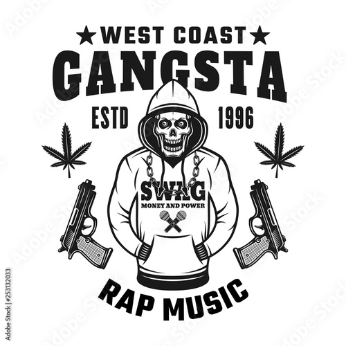 Skull in hoodie vector emblem, badge, label, logo