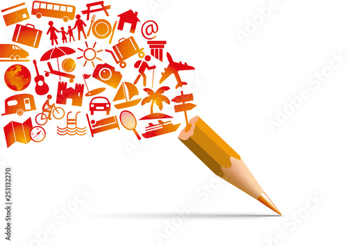 Concept des vacances avec l’univers des loisirs symbolisé par des pictogrammes qui s’échappent d’un crayon de couleur orange, représentant des transports, des activités et des destinations.