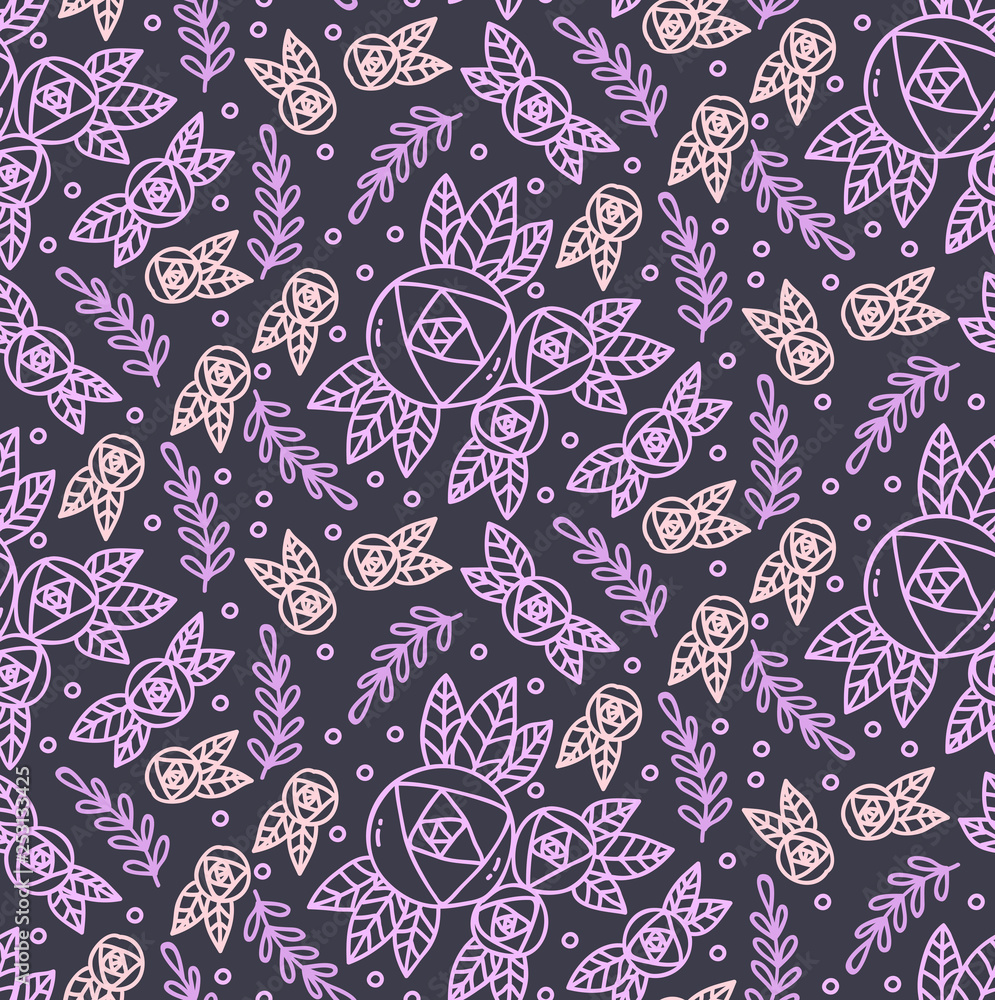 Naklejka premium Doodle roses seamless line vector pattern