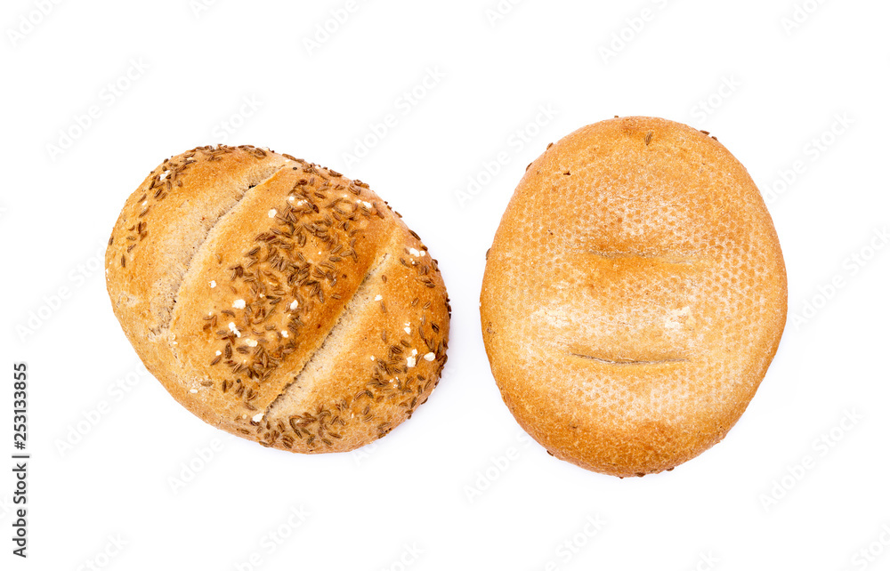Crispy bun sprinkled with caraway isolated on white background Crispy bun sprinkled with caraway isolated on white background