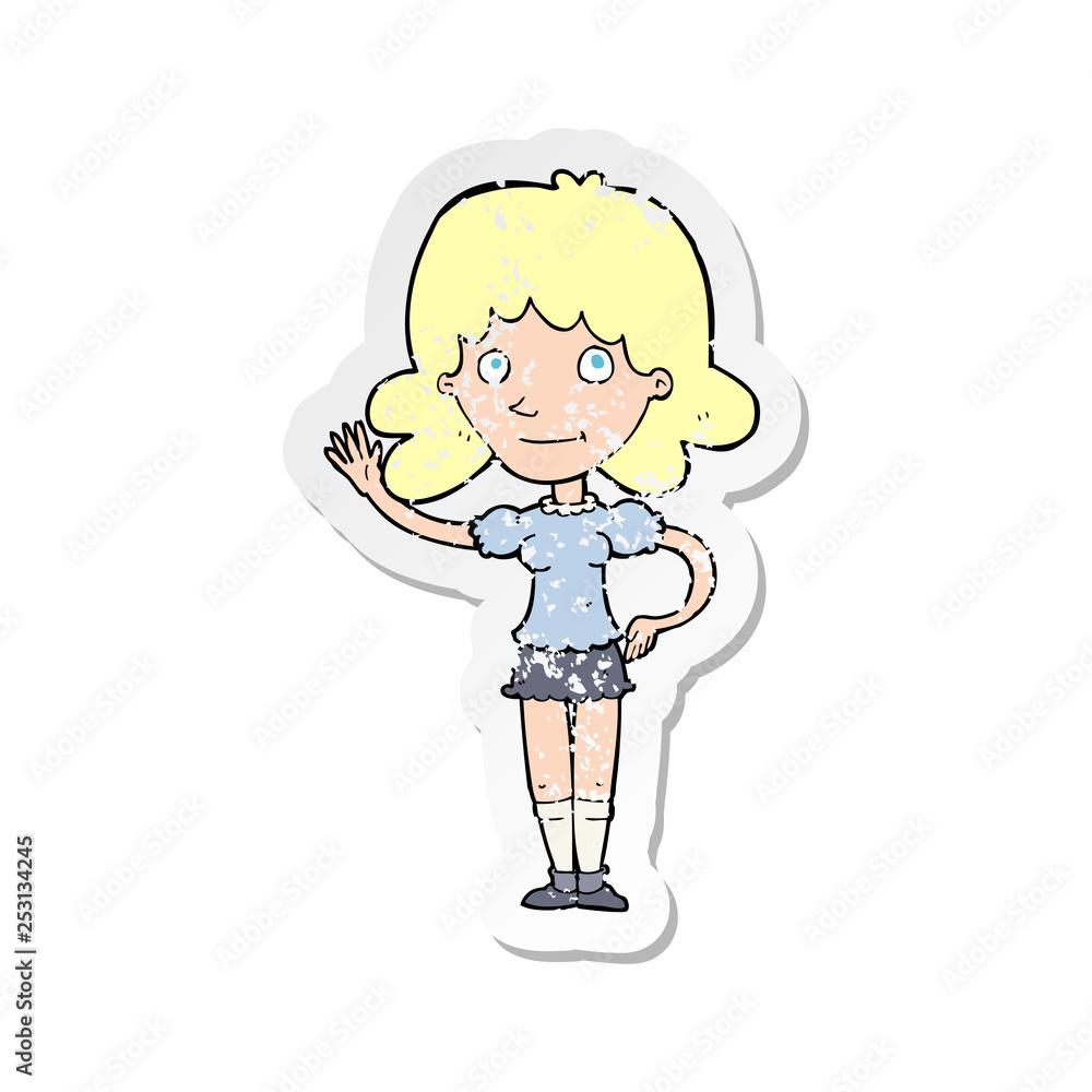 retro distressed sticker of a cartoon woman waving retro distressed sticker of a cartoon woman waving