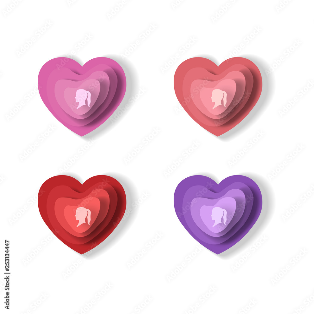 Paper heart vectors for Mother's Day and Woman's Day. Woman silhouette on different shape of paper hearts. Poster, banner, social media, cards, concept, vector illustrations.