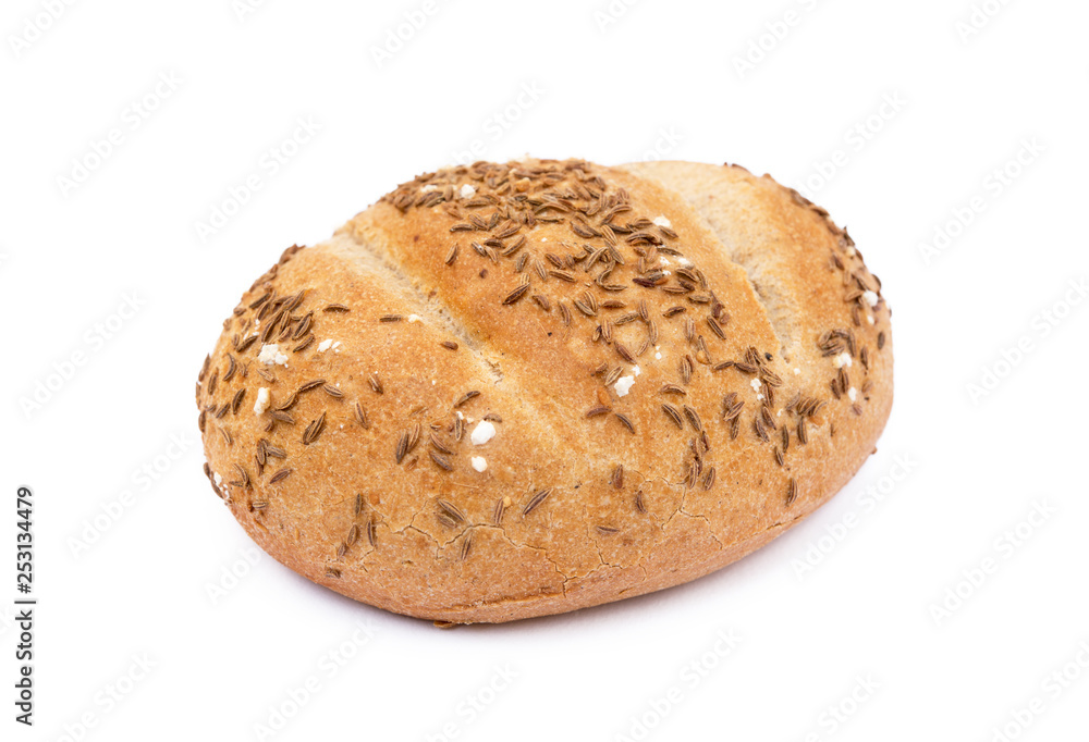 Crispy bun sprinkled with caraway isolated on white background Crispy bun sprinkled with caraway isolated on white background