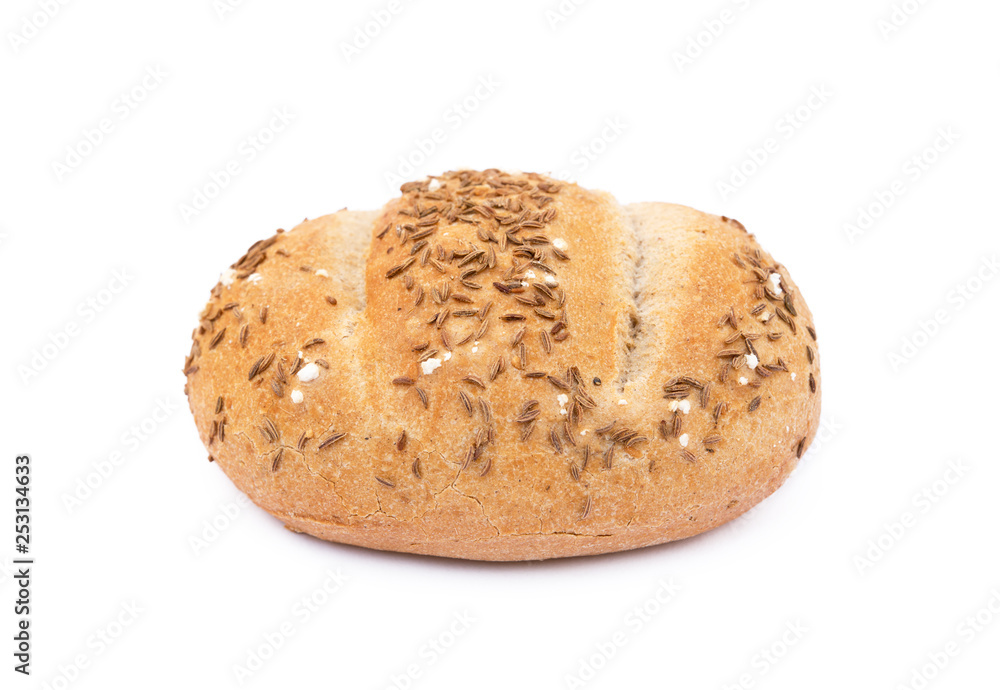 Crispy bun sprinkled with caraway isolated on white background Crispy bun sprinkled with caraway isolated on white background