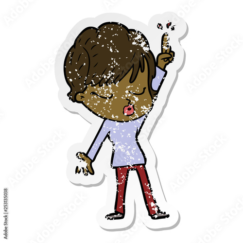 distressed sticker of a cartoon woman with eyes shut