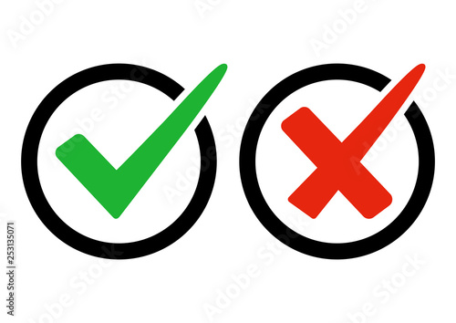 Green and red buttons. Green check mark and red cross. Right and wrong. Vector illustration
