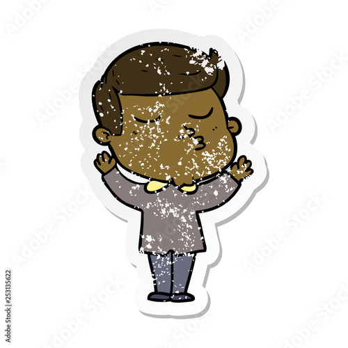 distressed sticker of a cartoon model guy pouting