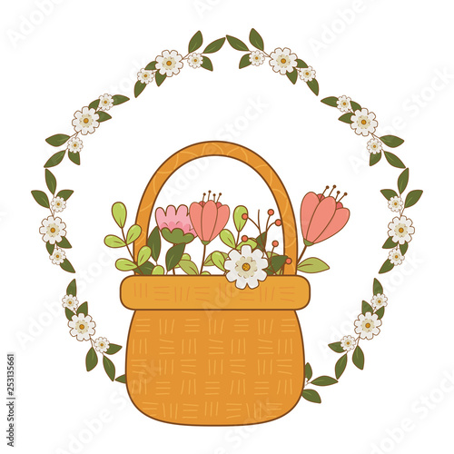 cute basket straw with flowers garden and crown