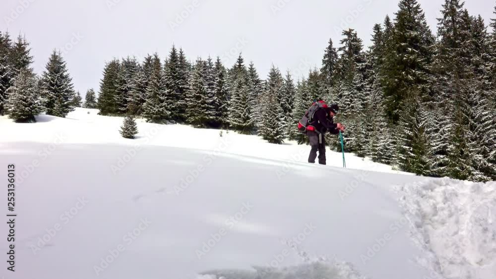 Hiker with backpack and snowwhoes stop to rest in winter mountains and drinks tea from a thermos Hiker with backpack and snowwhoes stop to rest in winter mountains and drinks tea from a thermos