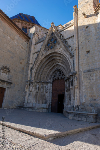 Stairs in Morella and the bell tower of the Santa Maria church