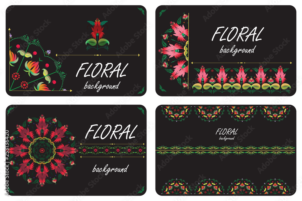 Set of four horizontal business cards. Flowers in the style of painting Petrykivka. Dark justification with embellishment-like decoration. Place for your text. Set of four horizontal business cards. Flowers in the style of painting Petrykivka. Dark justification with embellishment-like decoration. Place for your text.