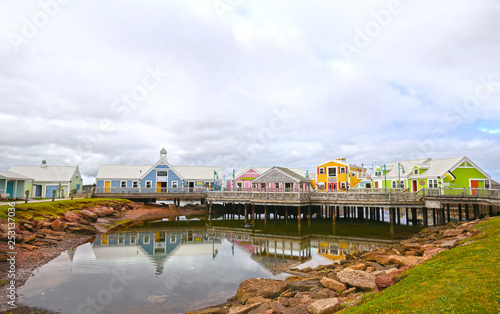 Colourful Buildings at Summerside, Prince Edward Island, PEI, Canada. Small shops selling PEI souvenirs at the harbour. photo