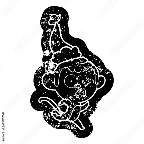 cartoon distressed icon of a surprised monkey wearing santa hat