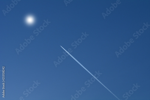 airplane in the sky,air, travel, jet, trail,contrail, white, aircraft, fly, flight, aeroplane, trace, clear, day, high, speed,sun 
