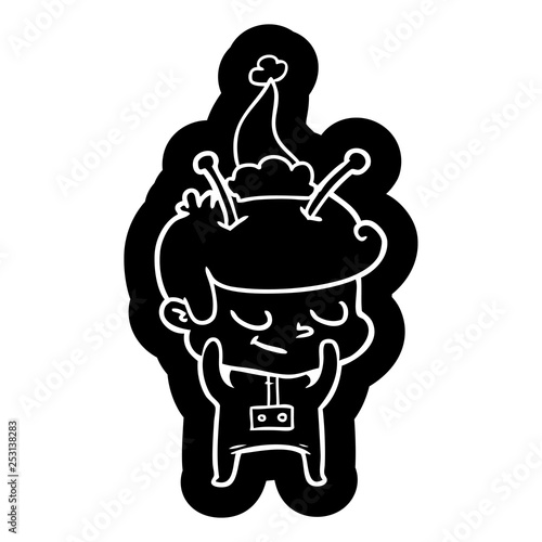 shy cartoon icon of a spaceman wearing santa hat