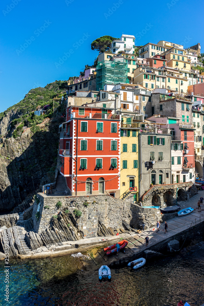 Italy,Cinque Terre,Riomaggiore, The cityscape townscape  viewed from the sea