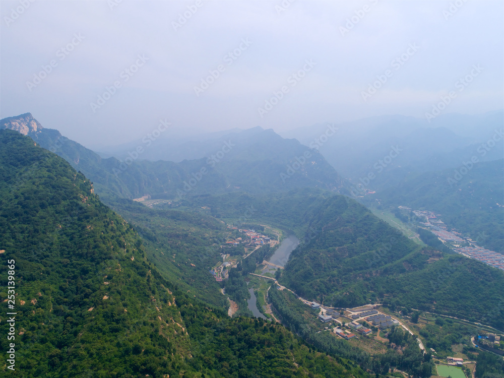 Mountain slope aerial view, landscape of Simatai mountain located in Miyun, Beijing, China. 