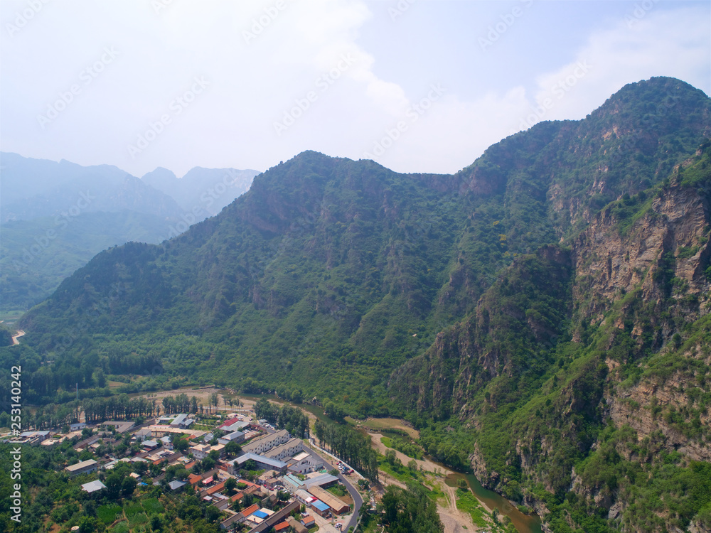 Mountain slope aerial view, landscape of Simatai mountain located in Miyun, Beijing, China. 