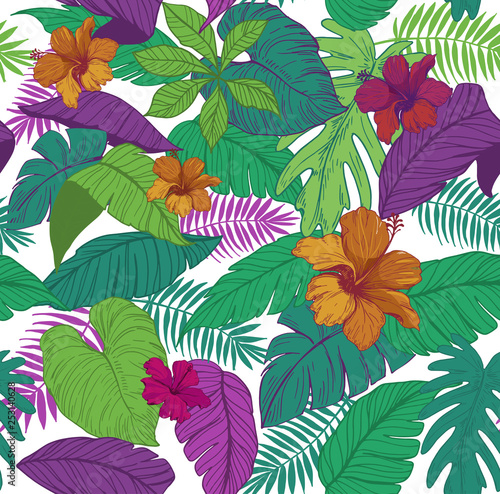 Seamless pattern with tropical leaves and flowers. Vector illustration