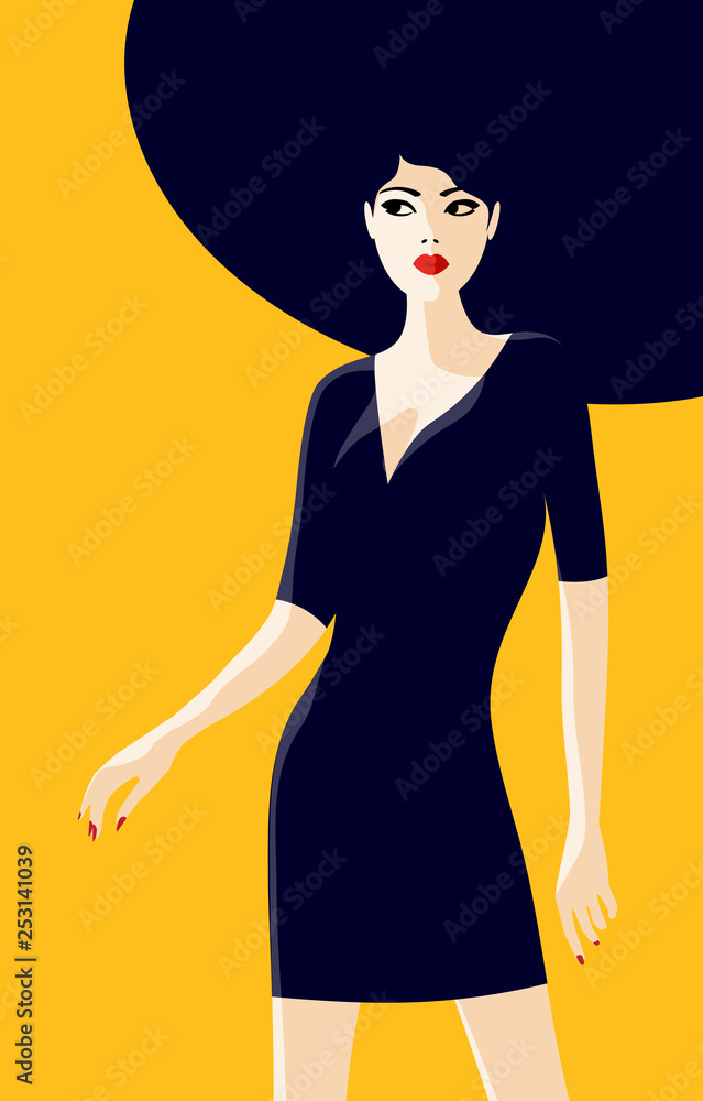 Young standing model woman with red lipstick and blue background vector illustration poster. Young standing model woman with red lipstick and blue background vector illustration poster.