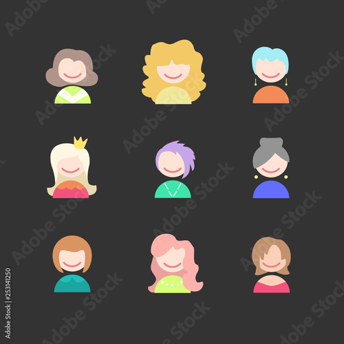 Female faces avatars. Girl icons. Happy people with different hairstyles. Vector illustration