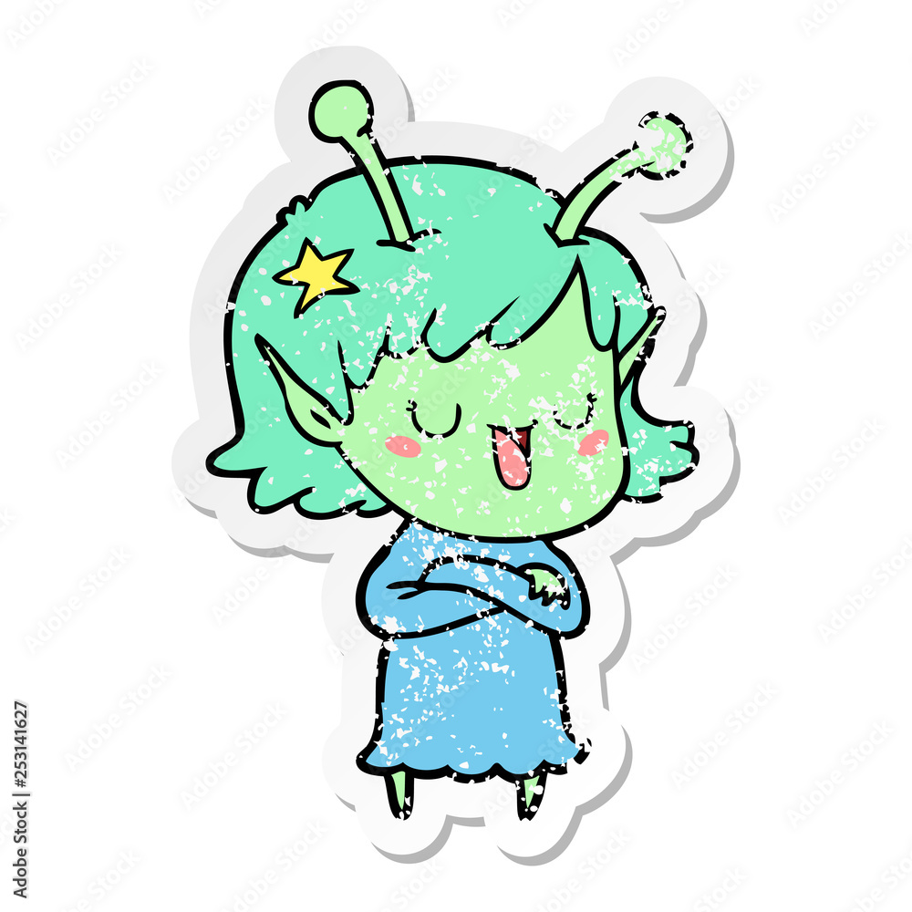 distressed sticker of a happy alien girl cartoon distressed sticker of a happy alien girl cartoon
