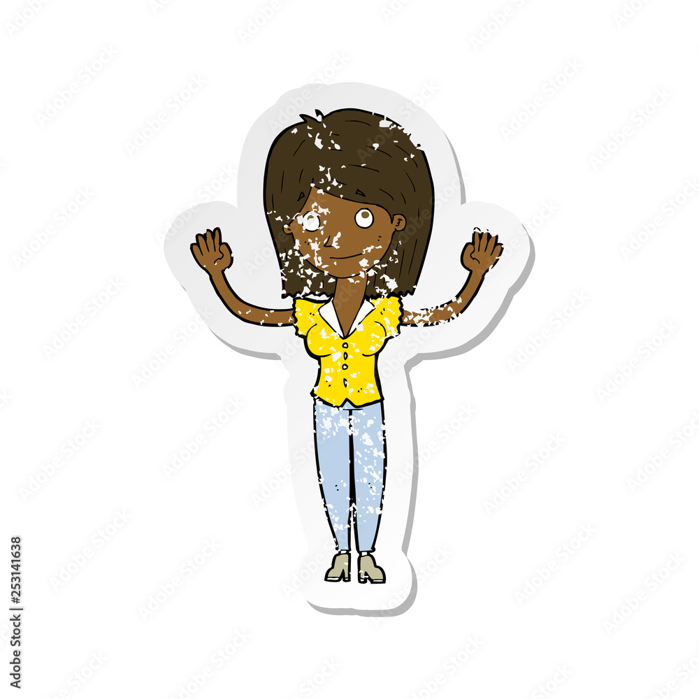 retro distressed sticker of a cartoon woman holding up hands retro distressed sticker of a cartoon woman holding up hands