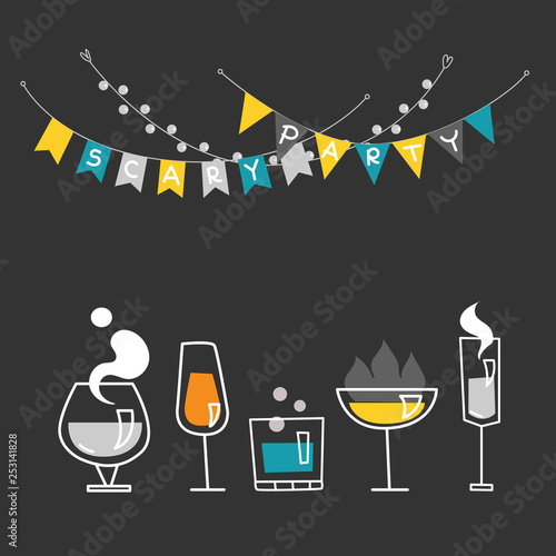 Postcard, poster or invitation in honor of a Halloween party with a set of glasses with various suspicious liquids or alcohol
