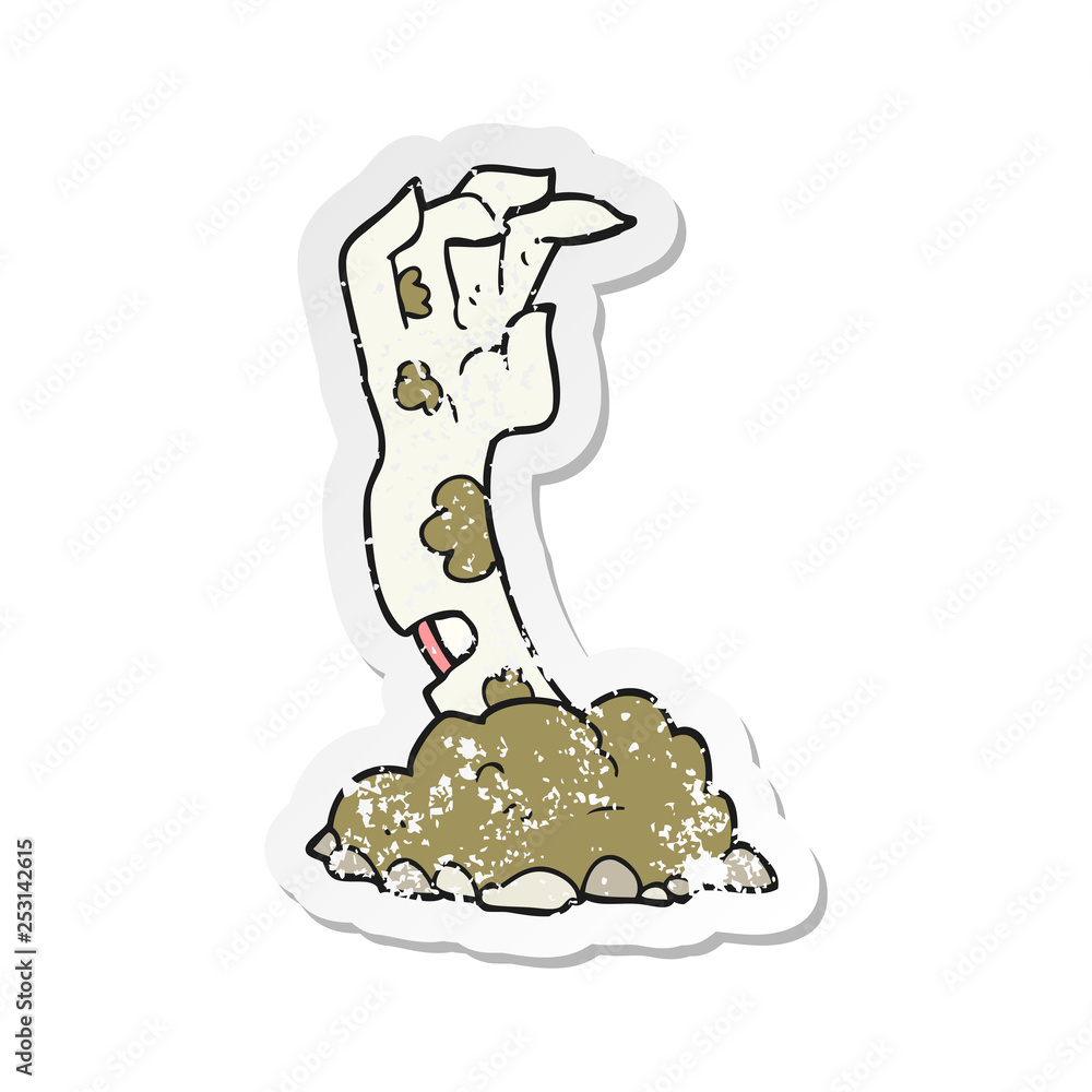 retro distressed sticker of a cartoon zombie hand rising from ground retro distressed sticker of a cartoon zombie hand rising from ground