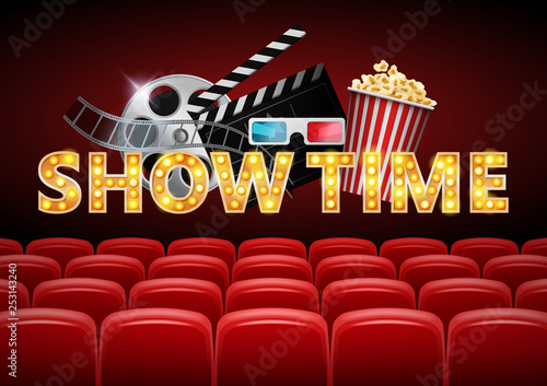 Cinema hall with red seats, showtime, poster design with popcorn, 3d glasses, film tape, clapperboard, vector illustration.