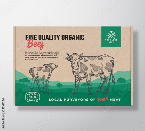 Fine Quality Organic Beef. Vector Meat Packaging Label Design on a Craft Cardboard Box Container. Modern Typography and Hand Drawn Cow with Calf Silhouettes. Rural Pasture Landscape Background Layout