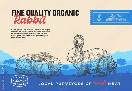 Fine Quality Organic Rabbit. Abstract Vector Meat Packaging Design or Label. Modern Typography and Two Hand Drawn Rabbits Silhouettes. Rural Pasture Landscape Background Layout with Banner