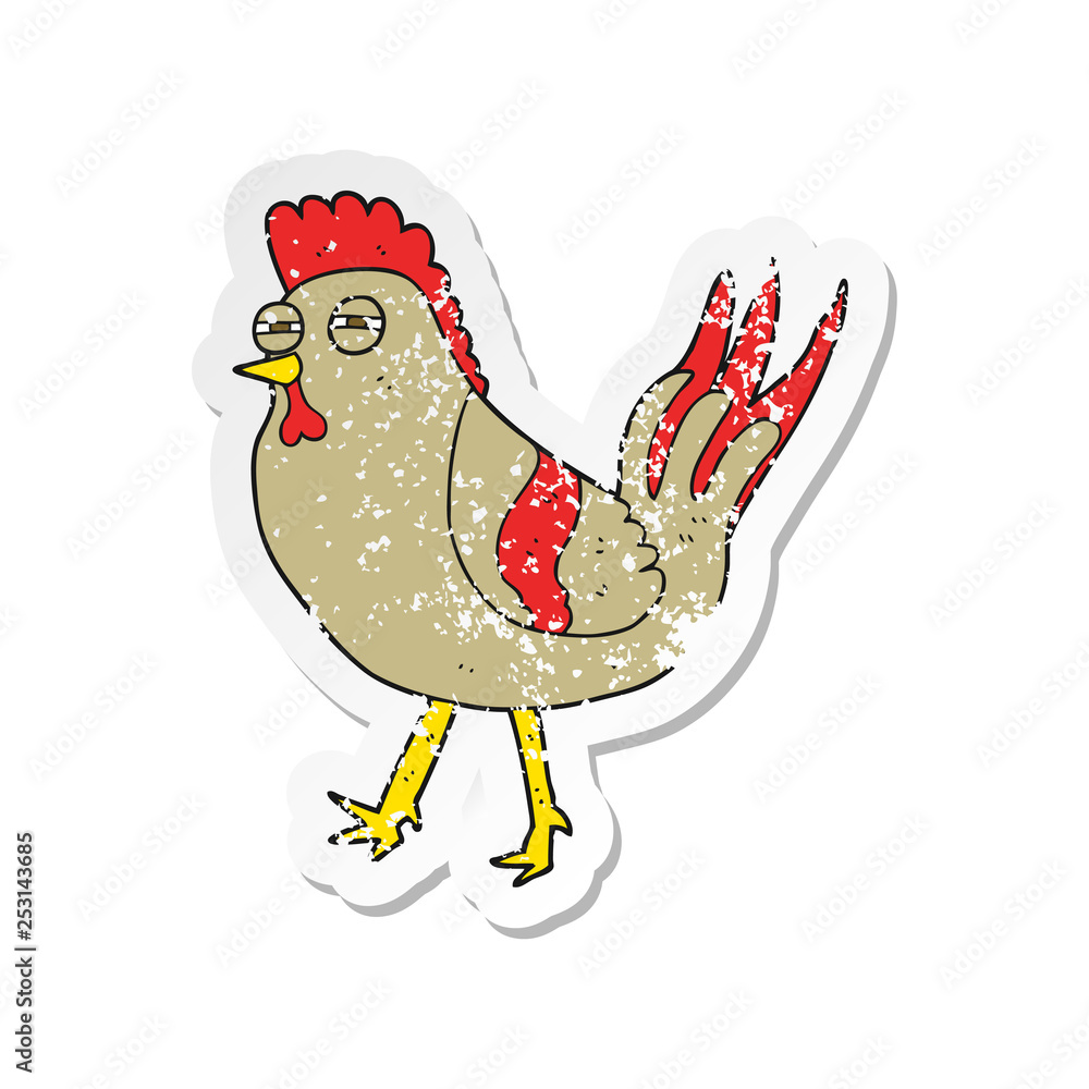 retro distressed sticker of a cartoon chicken retro distressed sticker of a cartoon chicken