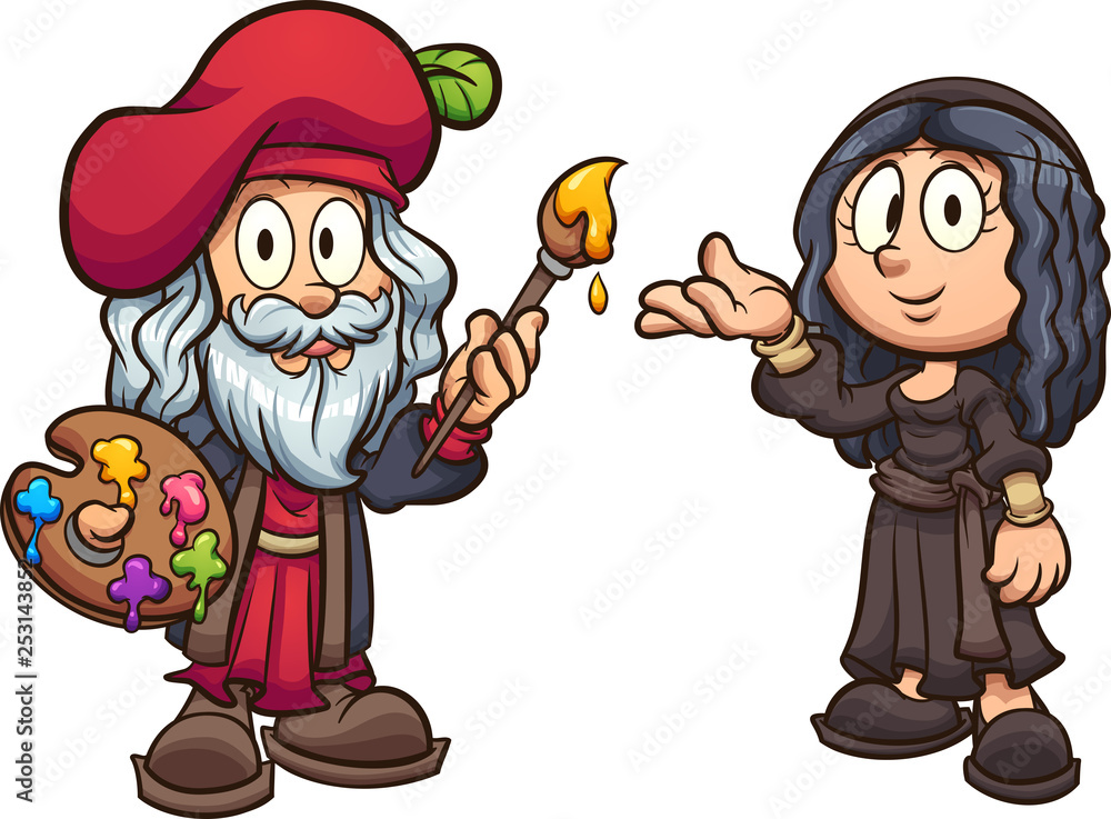 Cartoon boy and girl disguised as Leonardo da Vinci and the Mona Lisa clip  art. Vector illustration with simple gradients. Each on a separate layer.  Stock Vector | Adobe Stock