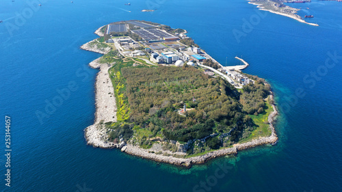 Aerial drone bird's eye view photo from island of Psitaleia the largest sewage treatment plant in Europe, Saronic gulf, Peiraeus, Attica, Greece photo