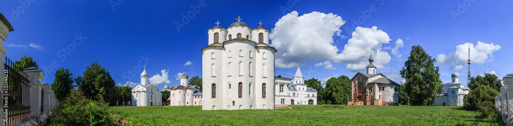 Veliky Novgorod, Russia. Panorama of ancient churches on Yaroslav Courtyard in historical center.