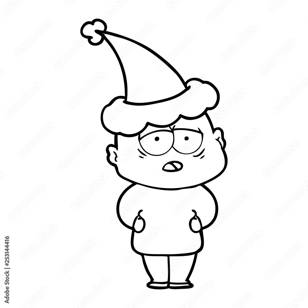 line drawing of a tired bald man wearing santa hat line drawing of a tired bald man wearing santa hat