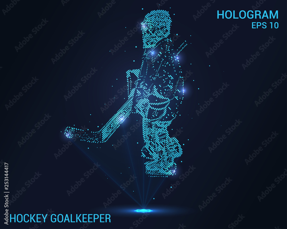 Hockey hologram. Digital and technological background of a hockey goalie. Futuristic hockey design.