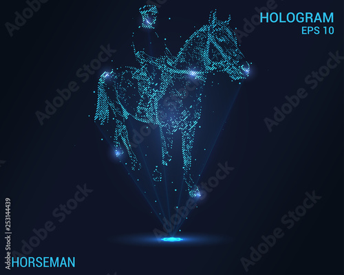 Horseman hologram. Digital and technological background. The rider on the horse.