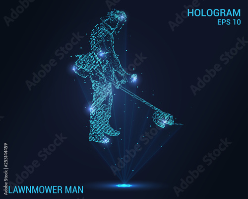 Lawn mower hologram. Digital and technological background. Lawn mower mows the grass.
