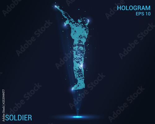 The soldier hologram. Digital and technological background of a soldier. Futuristic soldier design with machine gun.